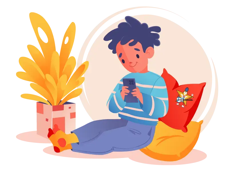 Concept of using gadgets by child, character of little boy with cell phone in his hands surfing internet, chatting and social media. Distance education, dependence on smart technology.