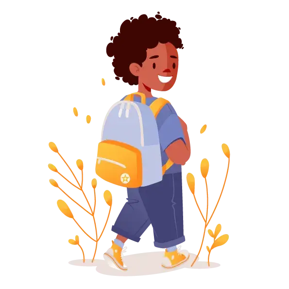 Cute colorful flat vector illustration with schoolboy going to school. Boy in half-turn turns his back to us, looks around and smiles. On his back carries backpack.