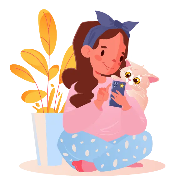 Cartoon vecor character little girl with phone in hand, child using gadgets, distance learning, early development, or the problem of social media addiction, online learning.