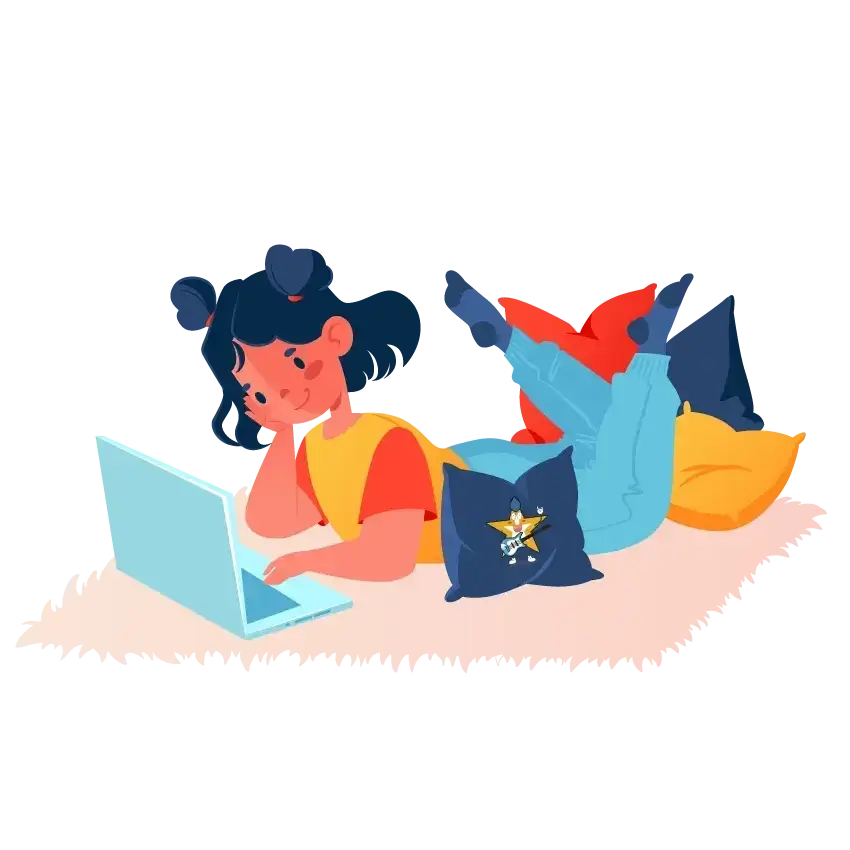 School-age girl lies with a laptop in a cozy home atmosphere, interior. Distance learning. Early development with modern technology or computer addiction, student vector cartoon character learning