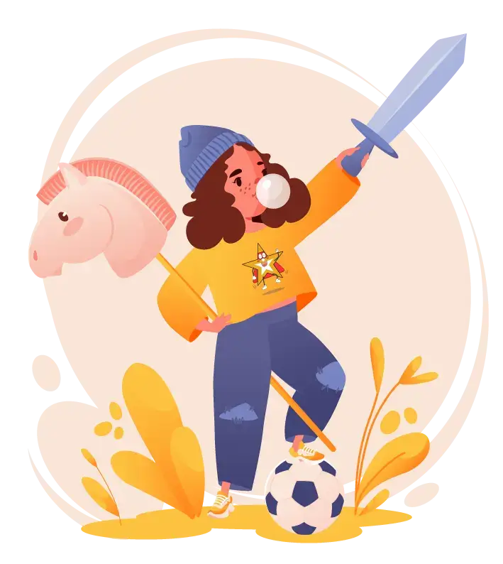 Child with no pronounced gender. Happy confident child playing with toys. Girl who prefers toys traditionally preferred by boys. Toys do not dictate gender of child. Vector cartoon illustration.