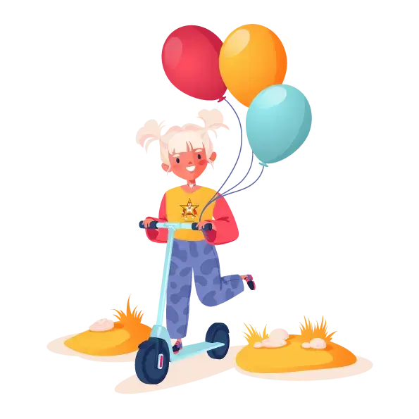 Little girl riding scooter, holding colorful balloons in her hand. Cheerful child vector character in cartoon style. Cheerful pastime, a walk in the street, nature, active lifestyle, happy childhood