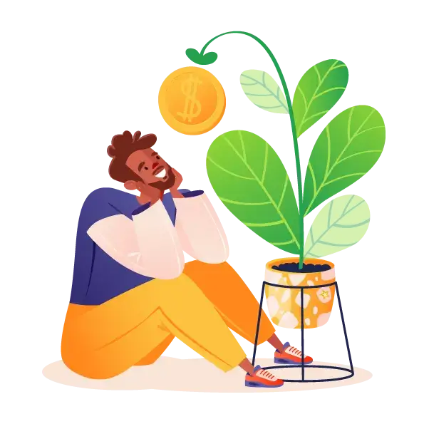 Young man in anticipation, joyfully awaiting profits, looking at growing money plant. In anticipation of success, profitable investment. Metaphor, successful business, financial success.