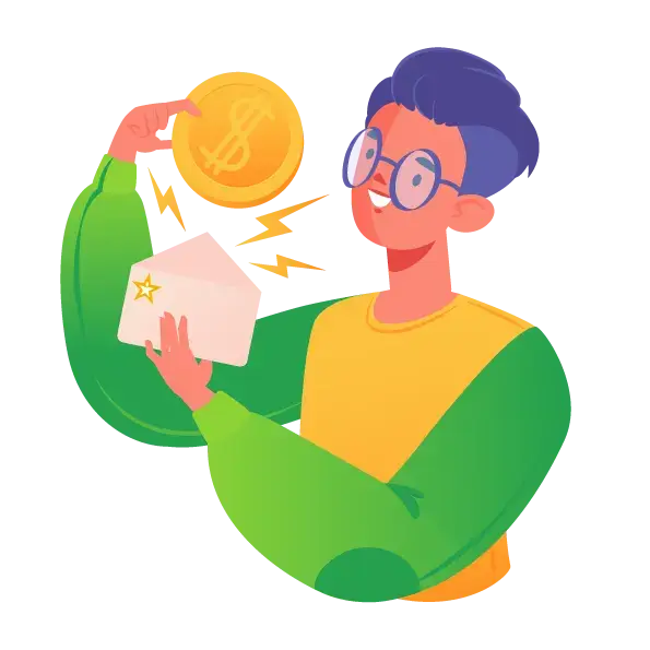 Young man received his salary, money transfer metaphora, holding an envelope and shiny gold coin with dollar symbol. Business and finance theme. Concept of career, salary, earning profits, increasing.