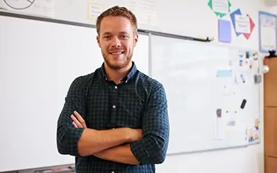 Portrait of confident Caucasian male teacher in classroom