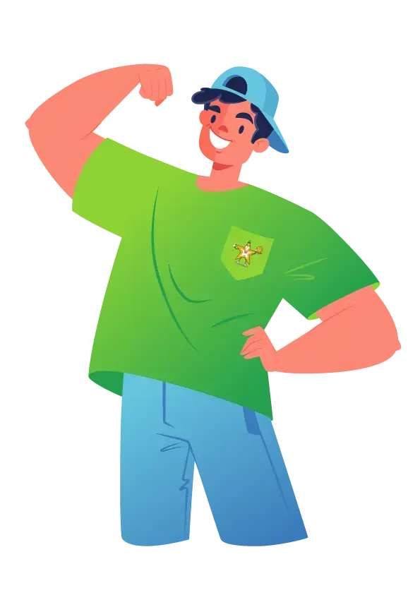 Self-confident person. Male character exude confidence and self-assurance. Cartoon young man posing with strong pose showing strength and power.