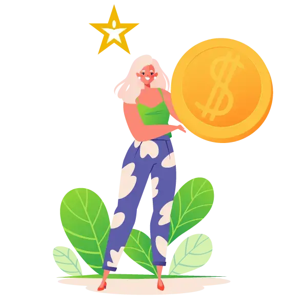 Finding business ideas, brainstorming, finding creative solutions to problems, financial theme, business, investment. Girl with big gold coin dollar symbol, metaphor for an idea burning light bulb