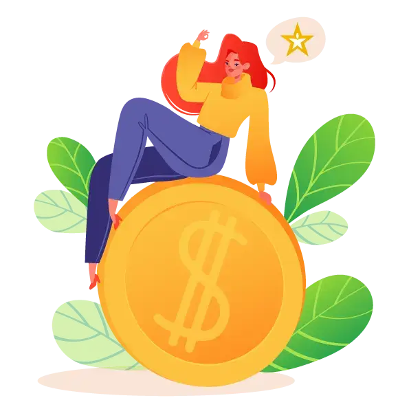 Financial success, profitable investments, rise in career or an increase salary. Satisfied smiling girl sitting on top of large gold coin with dollar symbol, one hand shows gest 