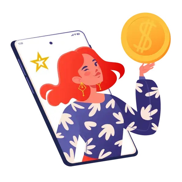 Concept of online banking, earnings, business, successful online investments and financing. Smiling, happy girl, cartoon flat character, looking out of cell phone, winking and holding large gold coin